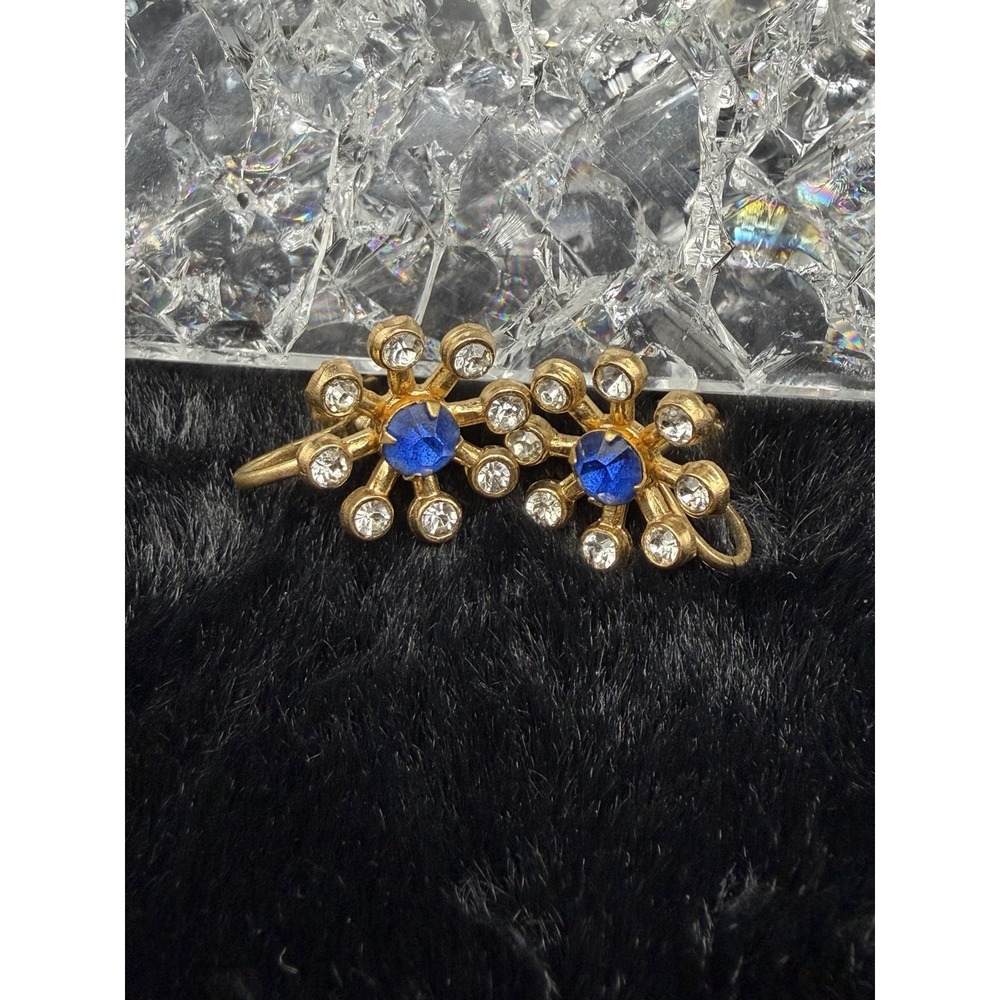 Vintage Coro Earrings Screw Back White Clear Blue‎ Rhinestones Gold Tone signed